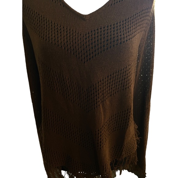 Fringed BoHo Y2K V-neck asymmetrical chevron knitted stripe brown sweater - Picture 5 of 10